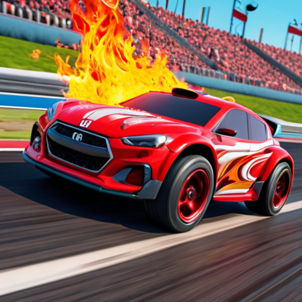 **

A bright red RC car racing on a track, flames and speed lines, capturing the adrenaline and excitement. Focus on the dynamic movement and vibrant red color.

**