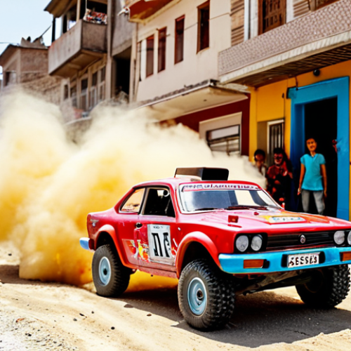 **

A vibrant photograph capturing the excitement of an RC car race in a dusty Turkish street. Focus on a brightly colored, slightly battered RC car mid-jump, with cheering spectators (including kids and adults) in the background. The scene should feel energetic and authentic, perhaps with a kebab stand or Turkish tea stall visible in the periphery.

**