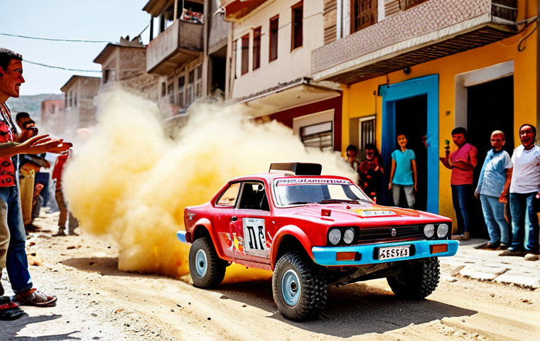 **
A vibrant photograph capturing the excitement of an RC car race in a dusty Turkish street. Focus on a brightly colored, slightly battered RC car mid-jump, with cheering spectators (including kids and adults) in the background. The scene should feel energetic and authentic, perhaps with a kebab stand or Turkish tea stall visible in the periphery.
**